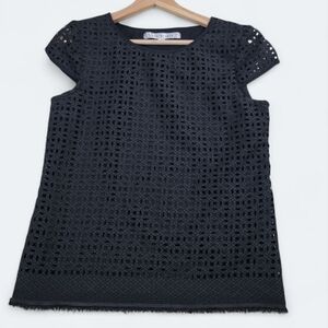 Max Studio black laser cut lace overlay top Size Small Fringe Hem Cap Sleeves